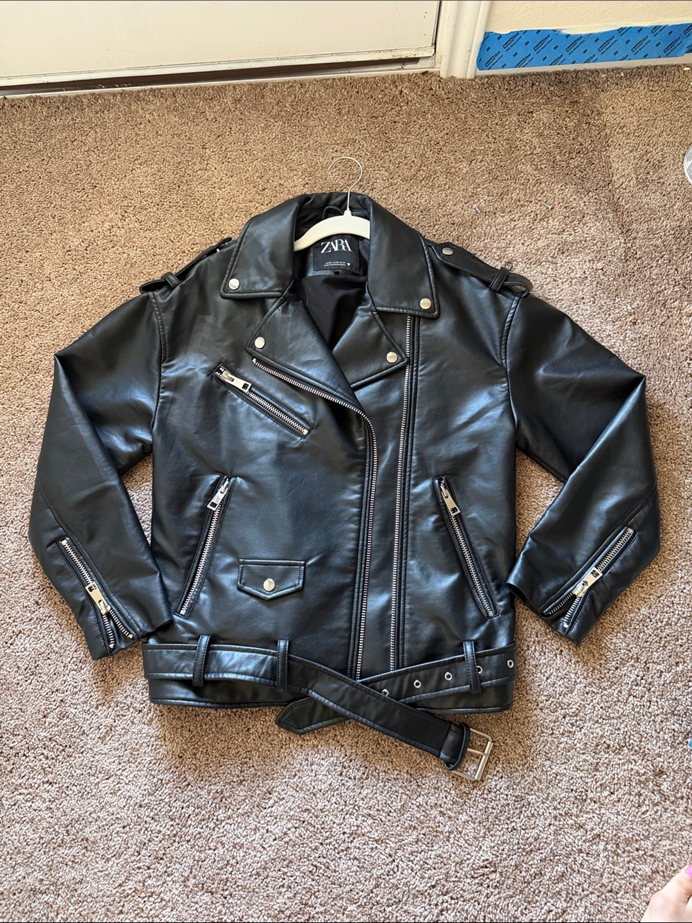 Zara Black Faux Leather Oversized Biker Jacket with Belt